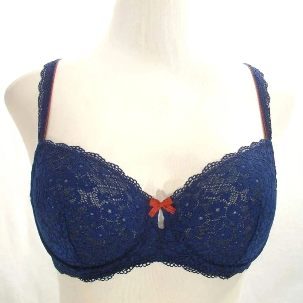34D Gilligan O'Malley Unlined Semi Sheer Lace Balconette‎ UW Bra Nighttime Blue